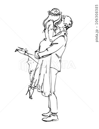 Bride and groom in love kissing, invitation card, vintage line sketch, modern hand drawing for wedding. Vector illustration isolated on white background. 106308385