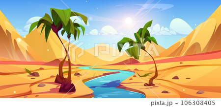 Oasis in desert with sand, hills, river and palm 106308405