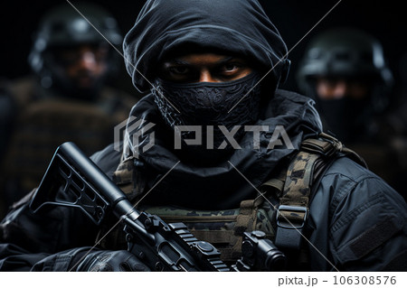 銃を構えた特殊部隊またはテロリストの兵士の戦争イメージ「AI生成画像」 銃を構えた特殊部隊またはテロリストの兵士の戦争イメージ「AI生成画像」 106308576