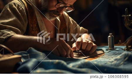 Professional male seamstress at work. Professional male seamstress at work. 106308595