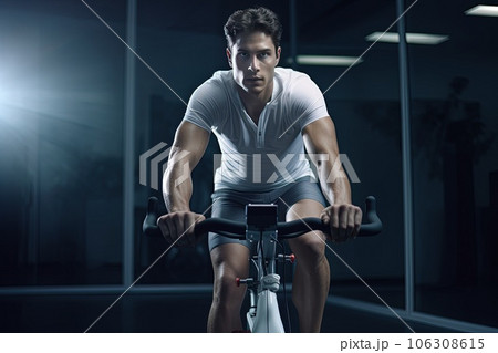 Young man during workout on a smart exercise bike. 106308615