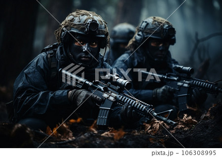 たくさんの兵士の特殊部隊またはテロリストの戦争イメージ「AI生成画像」 たくさんの兵士の特殊部隊またはテロリストの戦争イメージ「AI生成画像」 106308995