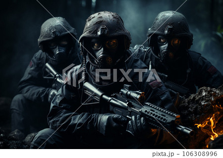 たくさんの兵士の特殊部隊またはテロリストの戦争イメージ「AI生成画像」 たくさんの兵士の特殊部隊またはテロリストの戦争イメージ「AI生成画像」 106308996