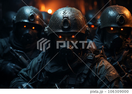 たくさんの兵士の特殊部隊またはテロリストの戦争イメージ「AI生成画像」 たくさんの兵士の特殊部隊またはテロリストの戦争イメージ「AI生成画像」 106309000