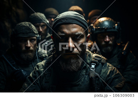 たくさんの兵士の特殊部隊またはテロリストの戦争イメージ「AI生成画像」 たくさんの兵士の特殊部隊またはテロリストの戦争イメージ「AI生成画像」 106309003