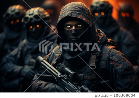 たくさんの兵士の特殊部隊またはテロリストの戦争イメージ「AI生成画像」 たくさんの兵士の特殊部隊またはテロリストの戦争イメージ「AI生成画像」 106309004