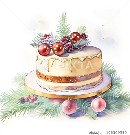 水彩で描いたクリスマスケーキのイラスト Generative AI 106309550