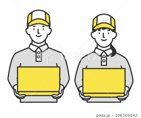 ダンボールを両手に持つ笑顔の配達員 男性 女性 ダンボールを両手に持つ笑顔の配達員 男性 女性 106309842