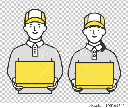 ダンボールを両手に持つ笑顔の配達員 男性 女性 ダンボールを両手に持つ笑顔の配達員 男性 女性 106309842