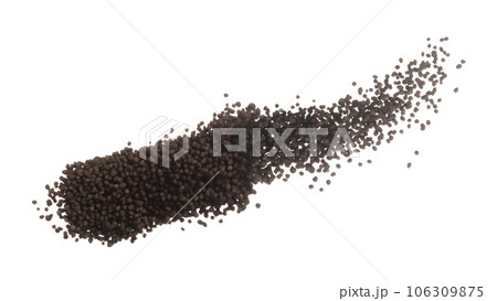 Fertilizer brown chemical accelerate growth fly fall explosion, many tiny ball fertilizer for planting float throw in mid air. White background isolated high speed freeze motion 106309875
