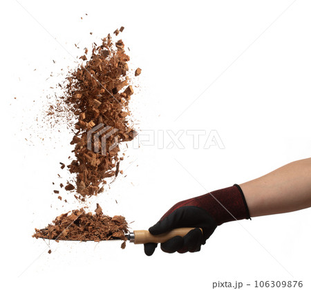 Coconut peel husk flying explosion, coconut chopped medium M size abstract fall down from hand shovel. Coconut shell peel fertilizer splash throwing in Air. White background Isolated high speed Coconut peel husk flying explosion, coconut chopped medium M size abstract fall down from hand shovel. Coconut shell peel fertilizer splash throwing in Air. White background Isolated high speed 106309876