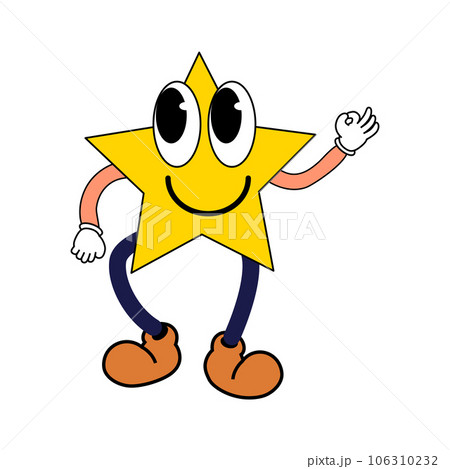 Cartoon Groovy funny cartoon smile character, vintage. Funky comic bright emoticon star sticker 106310232