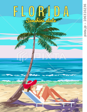 Florida Beach Retro Poster. Woman in chaise lounge with book in the red hat, palm on the beach, coast, surf, ocean. Vector illustration vintage 106310236