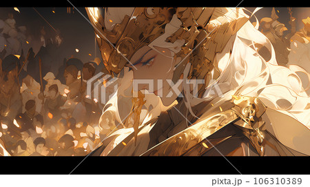 金色の炎のフレームと金の粒子が渦巻く抽象的な背景のイラスト素材