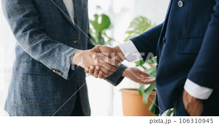Business partnership handshake concept.Photo two coworkers handshaking process.Successful deal after great meeting. in office.. Business partnership handshake concept.Photo two coworkers handshaking process.Successful deal after great meeting. in office.. 106310945