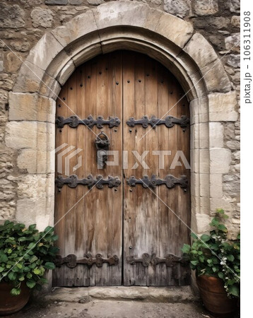 Ancient arched door in French medieval style, authentic stone house porch, vertical image. Ancient arched door in French medieval style, authentic stone house porch, vertical image. 106311908