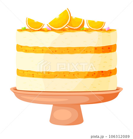 Birthday cake on a stand delicious dessert orange flat. Party baking food tiered pie fruity citrus lemon orange slices candy decorating jelly tart on wooden plate doodle icon delicious sweet isolated Birthday cake on a stand delicious dessert orange flat. Party baking food tiered pie fruity citrus lemon orange slices candy decorating jelly tart on wooden plate doodle icon delicious sweet isolated 106312089