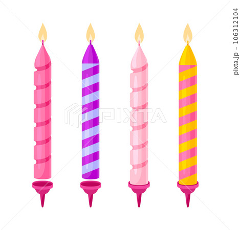 Birthday holiday candle striped twisted flat set. Burn flame wick wax candle cake stand pink purple yellow decorative greeting element cartoon cute party object icon sticker festive isolated Birthday holiday candle striped twisted flat set. Burn flame wick wax candle cake stand pink purple yellow decorative greeting element cartoon cute party object icon sticker festive isolated 106312104