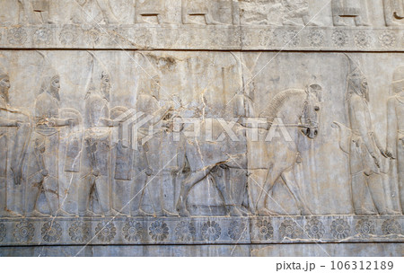 Ancient wall with bas-relief with assyrian foreign ambassadors with gifts and donations, Persepolis, Iran Ancient wall with bas-relief with assyrian foreign ambassadors with gifts and donations, Persepolis, Iran 106312189