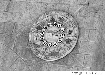 Old clock face shows time signs zodiac on western wall city Jerusalem 106312352