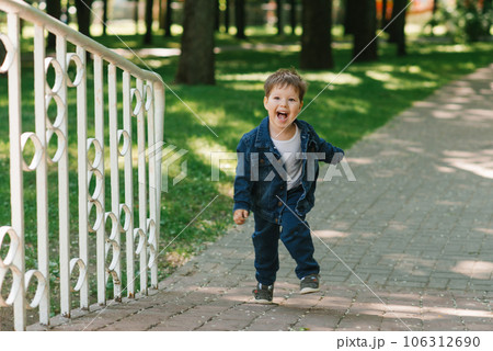 Three year old boy runs through a summer park and laughs 106312690