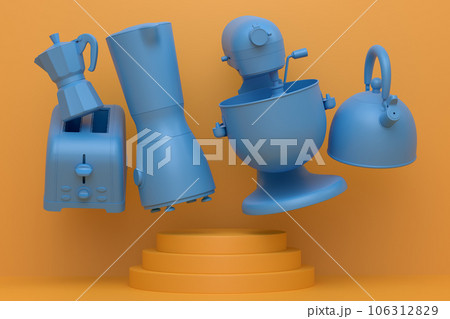 Abstract scene or podium with kitchen appliances and utensils on monochrome. Abstract scene or podium with kitchen appliances and utensils on monochrome. 106312829