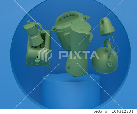 Abstract scene or podium with kitchen appliances and utensils on monochrome. Abstract scene or podium with kitchen appliances and utensils on monochrome. 106312831