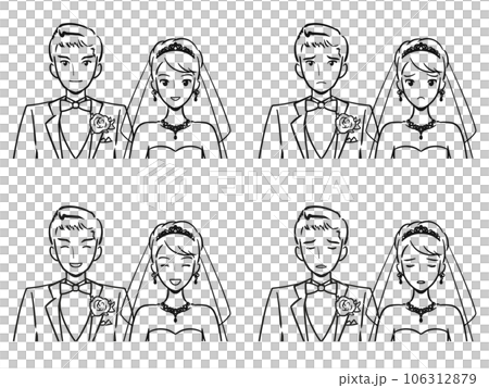 Young bride and groom's upper body icon 4 facial expressions line drawing (smile, smile, disappointment, turn pale) 106312879