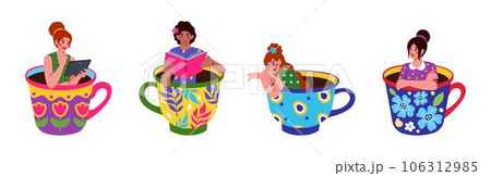Coffee girls. Woman sitting and lying in tea cup, cute giant beautiful women relax, people drinking hot beverages, coffee time cozy drawing. Morning breakfast. Vector abstract tidy cartoon design set Coffee girls. Woman sitting and lying in tea cup, cute giant beautiful women relax, people drinking hot beverages, coffee time cozy drawing. Morning breakfast. Vector abstract tidy cartoon design set 106312985