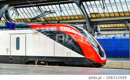 Modern passenger train at Zurich Main Station in Switzerland 106312989