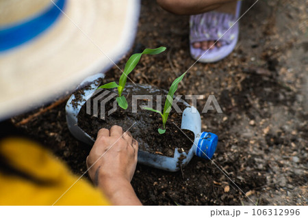 Little girl and mom grow plants in pots from recycled water bottles in the backyard. Recycle water bottle pot, gardening activities for children. Recycling of plastic waste 106312996