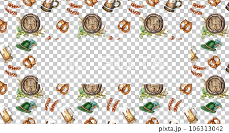 Frame of wooden beer barrel and mug, German hat watercolor illustration isolated on white. Hop, wheat ear, pretzel, sausages hand drawn. Design for brewing festival, package, label, signage, menu 106313042