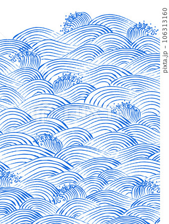 手描き風の日本の波模様ベクターイラスト素材 白地に青波のイラスト