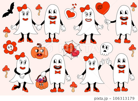 Retro set 70s 60s 80s Hippie Groovy Halloween Ghosts girl and boy in love. Pumpkin, skull, fly agaric, flower power, spider web. Valentine candy hearts with text Boo, Spooky. Vector flat. Retro set 70s 60s 80s Hippie Groovy Halloween Ghosts girl and boy in love. Pumpkin, skull, fly agaric, flower power, spider web. Valentine candy hearts with text Boo, Spooky. Vector flat. 106313179
