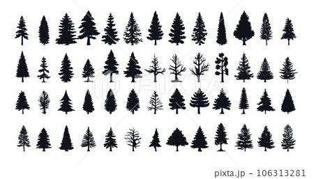 Set of pine tree silhouettes, fir forest trees 106313281