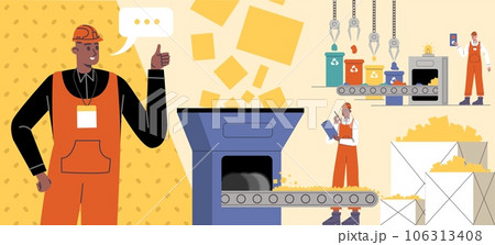Waste recycling process. Garbage industry workers. Rubbish shredding equipment. Sorting and compressing trash. Pollution recycle. Litter utilization. Landfill factory. Vector concept 106313408