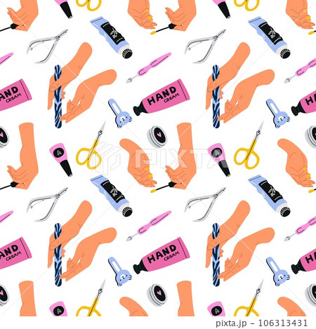 Manicure tools seamless pattern. Well groomed female hands. Nail file and scissors. Colored varnish application. Beauty salon. Arm skin care. Cosmetic cream. Garish vector background Manicure tools seamless pattern. Well groomed female hands. Nail file and scissors. Colored varnish application. Beauty salon. Arm skin care. Cosmetic cream. Garish vector background 106313431