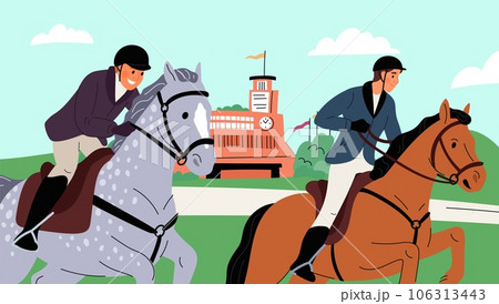 Horse racing at racetrack. Equestrian competition. Jockeys on horseback. Riders on animals at hippodrome. Equine sport. Horsemen championship. Stallions riding. Garish vector concept 106313443