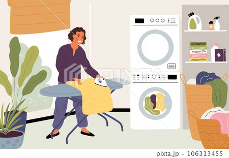 Cartoon woman irons clothes at home. People take care of textiles. Household chores. Laundry baskets. Housewife smoothing out creases. Washing machine. Garish vector housekeeping concept Cartoon woman irons clothes at home. People take care of textiles. Household chores. Laundry baskets. Housewife smoothing out creases. Washing machine. Garish vector housekeeping concept 106313455