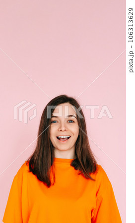 Surprised Delight: Cheerful Woman Expressing Amazement with Open Mouth - Joyful Reaction and 106313629
