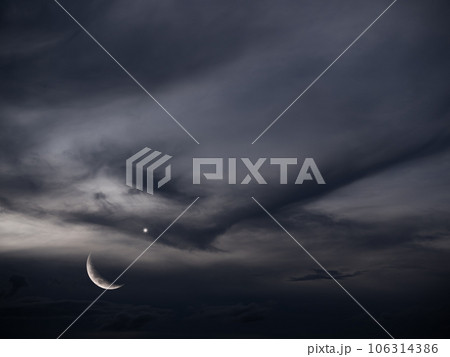 Ramadan Sky Moon Star Islam sunset Background, Night Crescent Moon Skylight Dark Blue Night Landscape Evening Dua Mubarak Muslim Islamic Eid Islamic Mubarak Greeting Kareem Ramazan Jumada Safar Rabi. 106314386