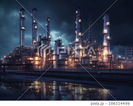 Generative AI illustration of aerial view of illuminated industrial petroleum refinery with distillation towers and pipes in glowing light at night 106314499