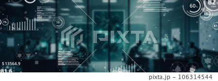 オフィスで仕事する人々と統計データ バナー・広告向け横長ビジュアル オフィスで仕事する人々と統計データ バナー・広告向け横長ビジュアル 106314544