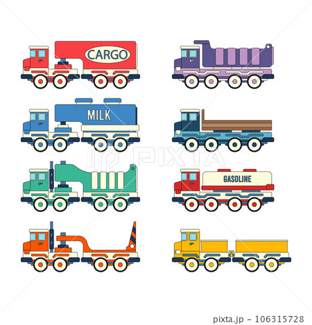Color vector icon with toys truck set. Engaging and interactive toys that spark creativity and imagination. Made for kids. Encourage playtime and ignite the joy of discovery with popular childrens toy 106315728