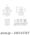 Line vector icon set with toy car,train, boat, dirigible. Toys that spark creativity and imagination. Created for kids. Encourage playtime and ignite the joy of discovery with popular childrens toys. 106315767