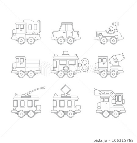 Line vector icon set with toy car. Engaging and interactive toys that spark creativity and imagination. Created for kids. Encourage playtime and ignite the joy of discovery with popular childrens toys 106315768