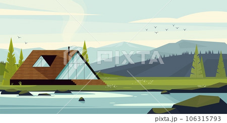Modern house in woods landscape. Cartoon cottage in forest, a-frame in park and lake, rural house with cabin and boat. Vector landscape Modern house in woods landscape. Cartoon cottage in forest, a-frame in park and lake, rural house with cabin and boat. Vector landscape 106315793