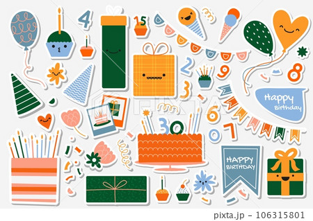 Birthday abstract stickers. Cartoon colorful decorative elements for greeting cards, emblems and labels. Vector happy and funny characters collection 106315801