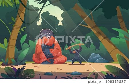 Monkeys in jungle. Wildlife exotic landscape with cute apes on palm foliage, cartoon primates climbing lianas and trees in tropical forest. Vector flat background 106315827