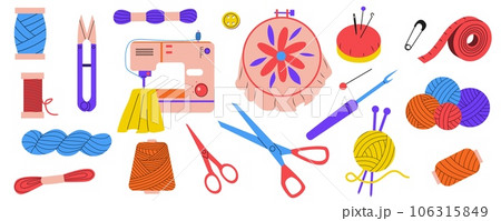 Embroidery tools. Cartoon tailor sewing machine thimble scissors and fabric, needlework sewing equipment for fashion textile. Vector set 106315849